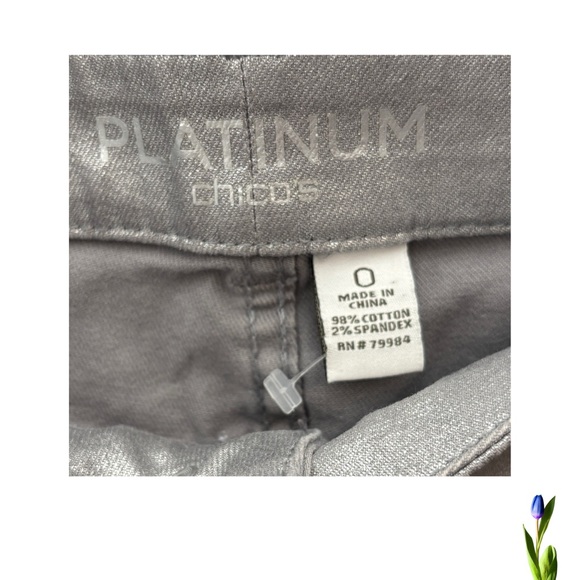 Chico's Platinum Jeans Gray Silver Coated Metallic foil Shimmer Straight, Cotton - Picture 3 of 5